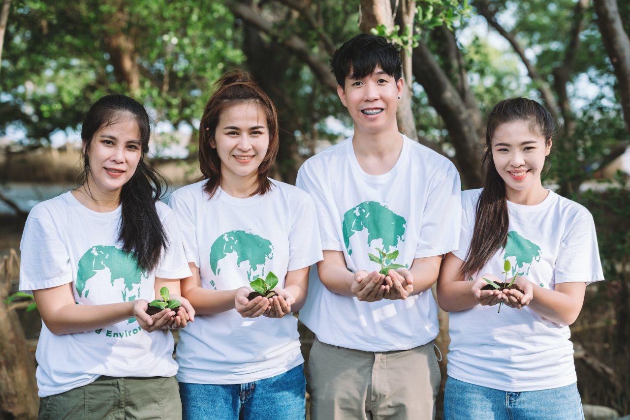 Volunteer people teamwork holding small plants seedling for growing in forest